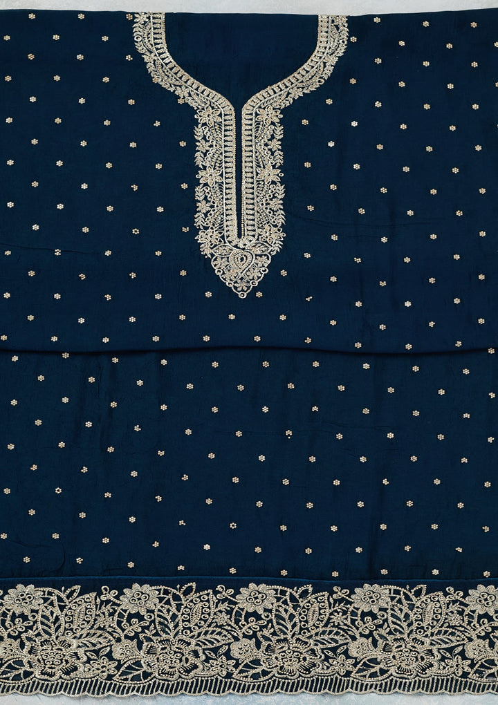 Peacock Blue Zariwork (Gold) Soft Raw Silk Unstitched Salwar Suit-Koskii