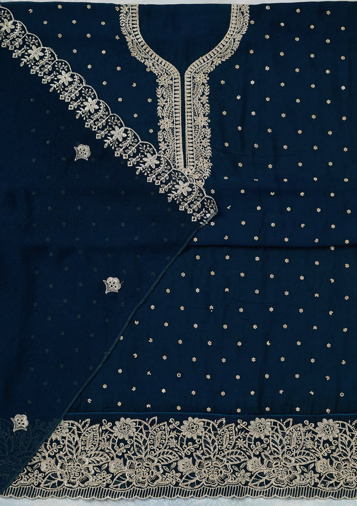Peacock Blue Zariwork (Gold) Soft Raw Silk Unstitched Salwar Suit-Koskii
