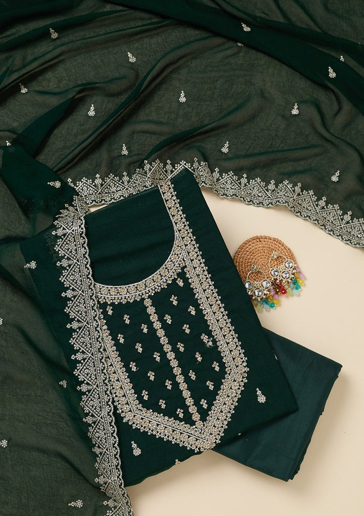 Bottle Green Zardozi (Gold) Soft Raw Silk Unstitched Salwar Suit-Koskii