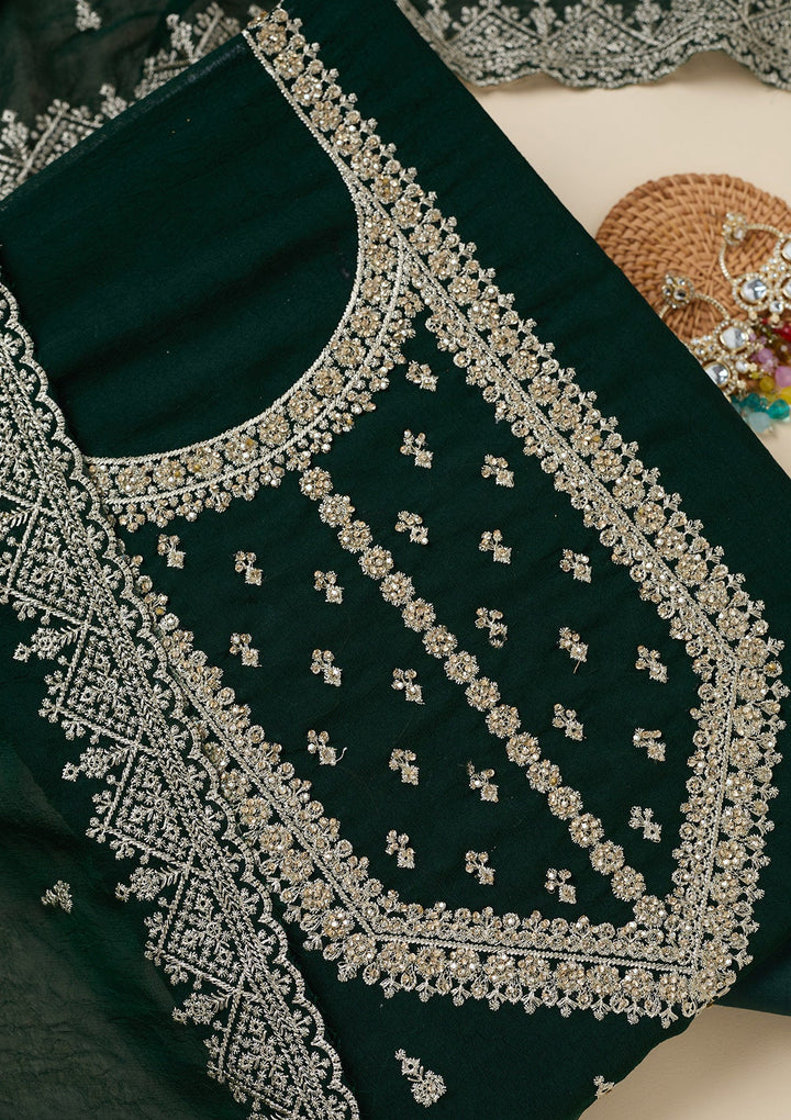 Bottle Green Zardozi (Gold) Soft Raw Silk Unstitched Salwar Suit-Koskii
