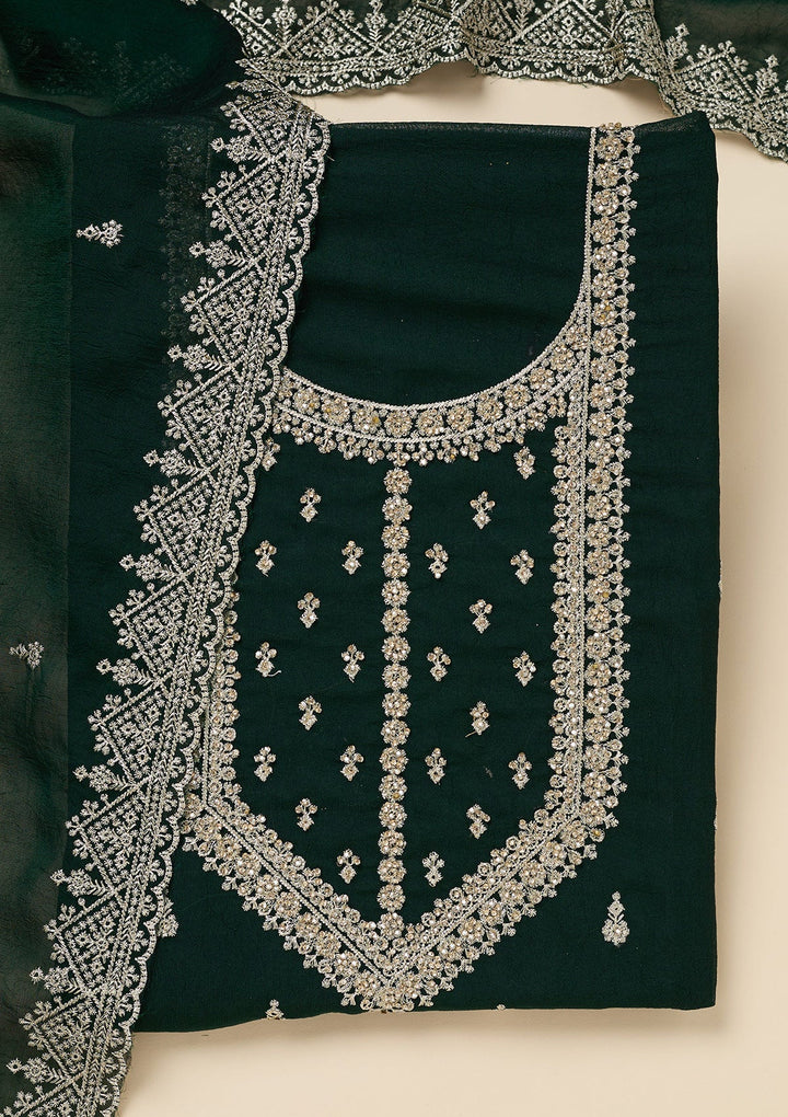 Bottle Green Zardozi (Gold) Soft Raw Silk Unstitched Salwar Suit-Koskii