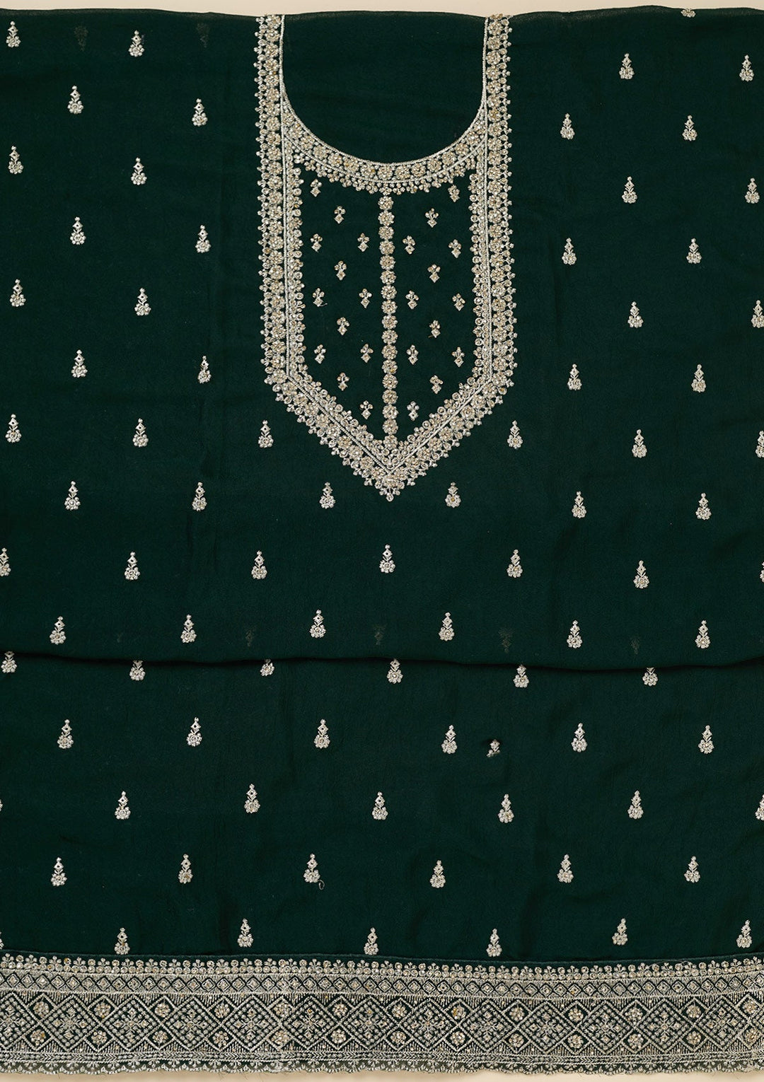 Bottle Green Zardozi (Gold) Soft Raw Silk Unstitched Salwar Suit-Koskii