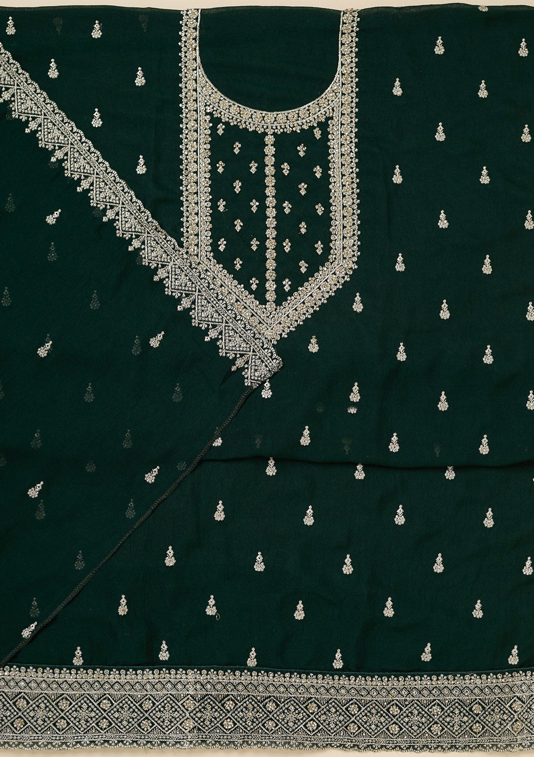 Bottle Green Zardozi (Gold) Soft Raw Silk Unstitched Salwar Suit-Koskii