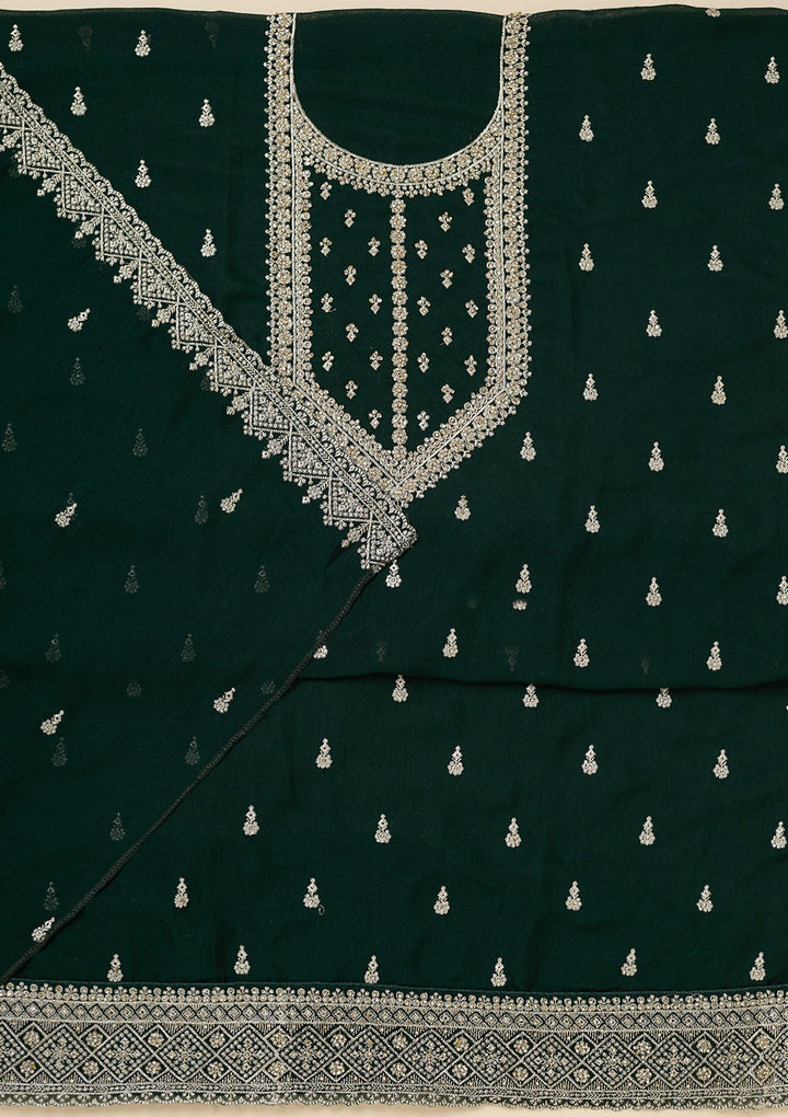 Bottle Green Zardozi (Gold) Soft Raw Silk Unstitched Salwar Suit-Koskii