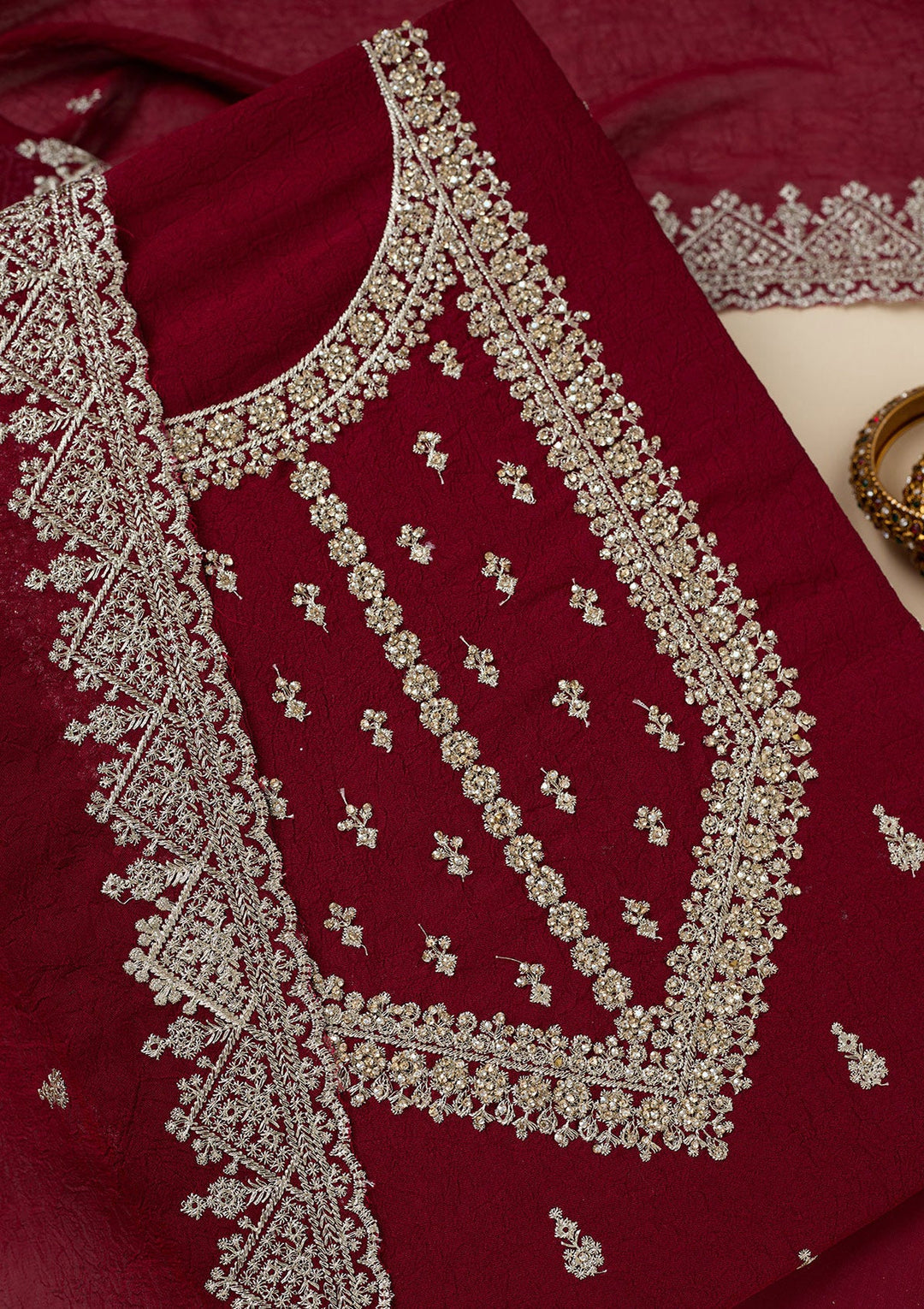 Maroon Zardozi (Gold) Soft Raw Silk Unstitched Salwar Suit-Koskii