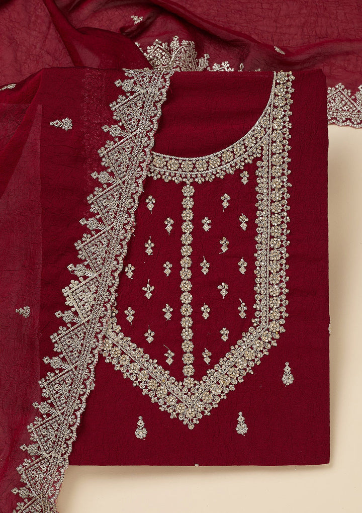 Maroon Zardozi (Gold) Soft Raw Silk Unstitched Salwar Suit-Koskii