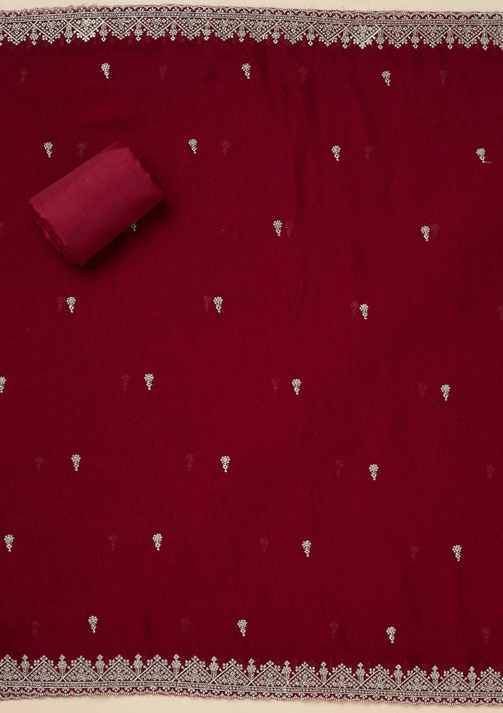 Maroon Zardozi (Gold) Soft Raw Silk Unstitched Salwar Suit-Koskii