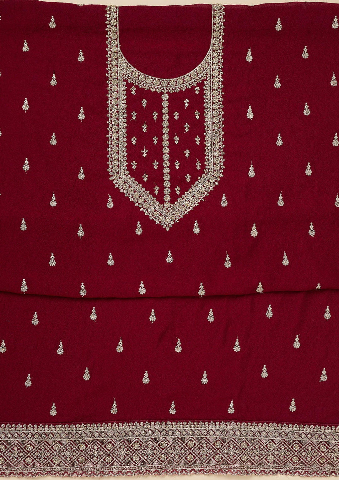 Maroon Zardozi (Gold) Soft Raw Silk Unstitched Salwar Suit-Koskii