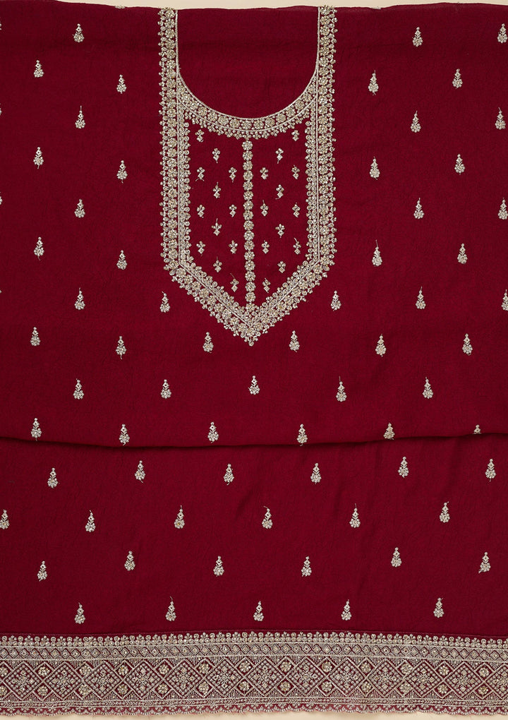 Maroon Zardozi (Gold) Soft Raw Silk Unstitched Salwar Suit-Koskii