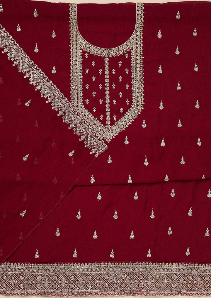 Maroon Zardozi (Gold) Soft Raw Silk Unstitched Salwar Suit-Koskii