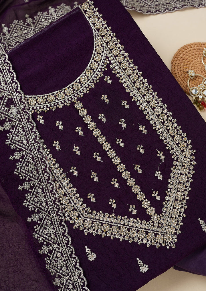Purple Zardozi (Gold) Soft Raw Silk Unstitched Salwar Suit-Koskii