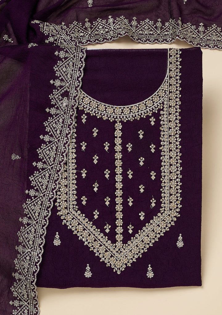 Purple Zardozi (Gold) Soft Raw Silk Unstitched Salwar Suit-Koskii