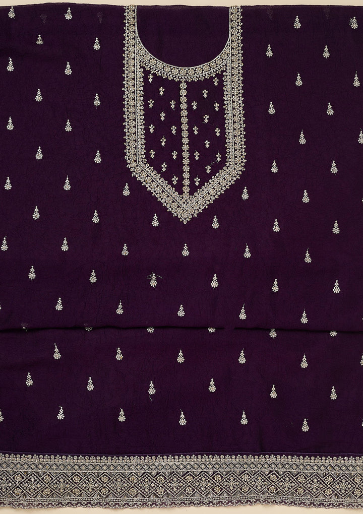 Purple Zardozi (Gold) Soft Raw Silk Unstitched Salwar Suit-Koskii