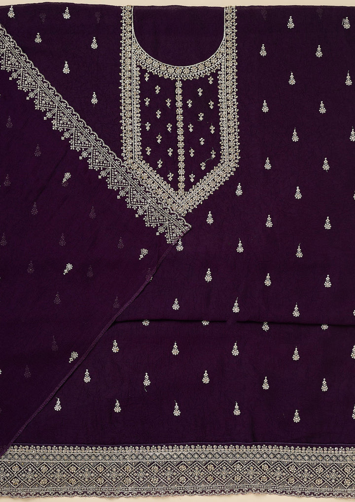 Purple Zardozi (Gold) Soft Raw Silk Unstitched Salwar Suit-Koskii