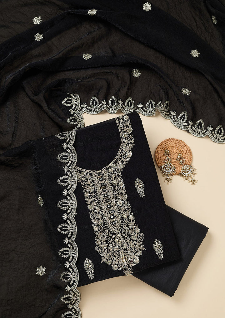 Black Cutdana Soft Raw Silk Unstitched Salwar Suit-Koskii