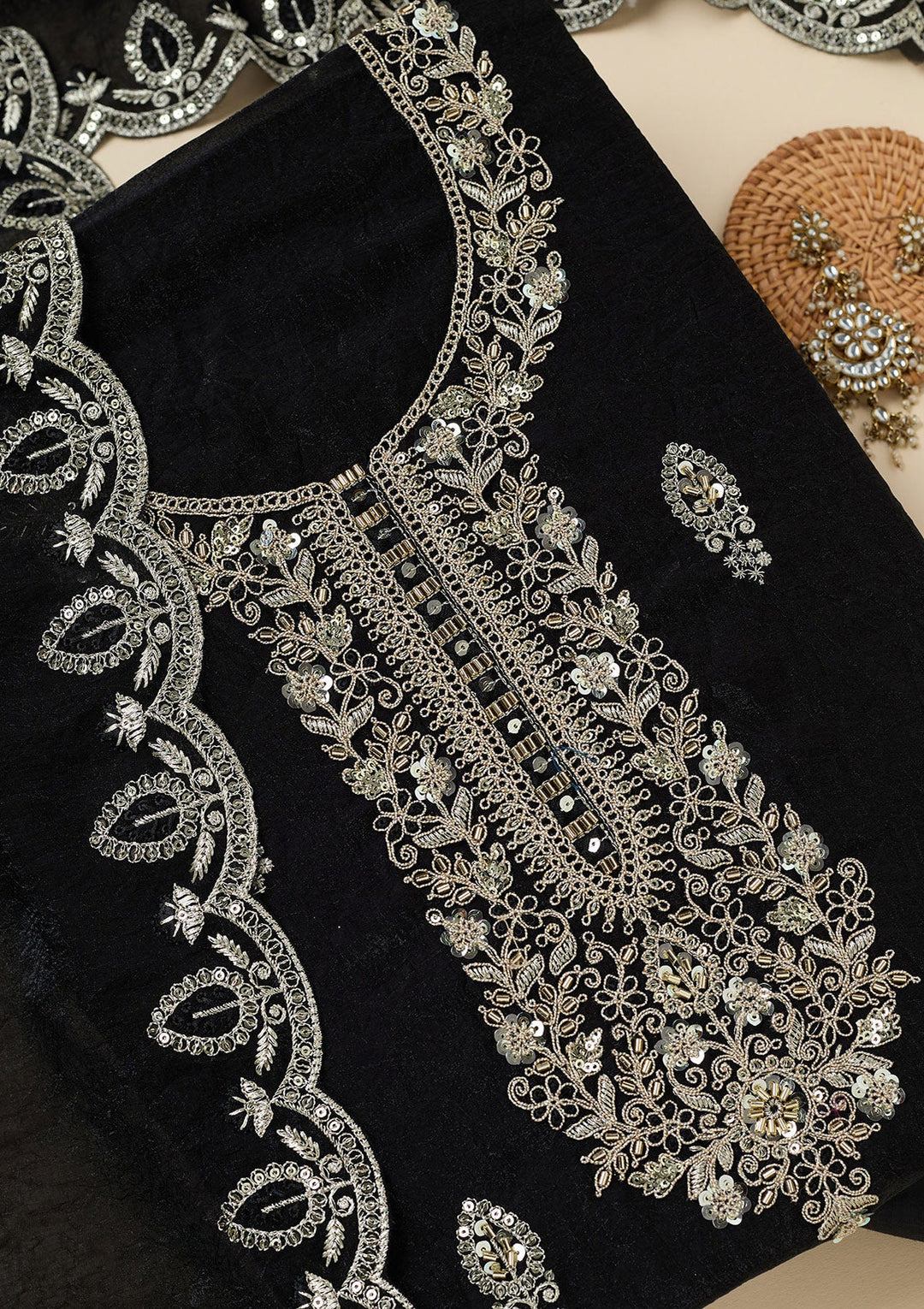 Black Cutdana Soft Raw Silk Unstitched Salwar Suit-Koskii