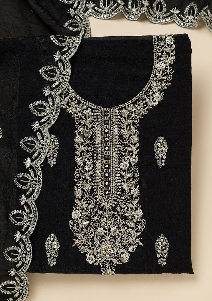 Black Cutdana Soft Raw Silk Unstitched Salwar Suit-Koskii