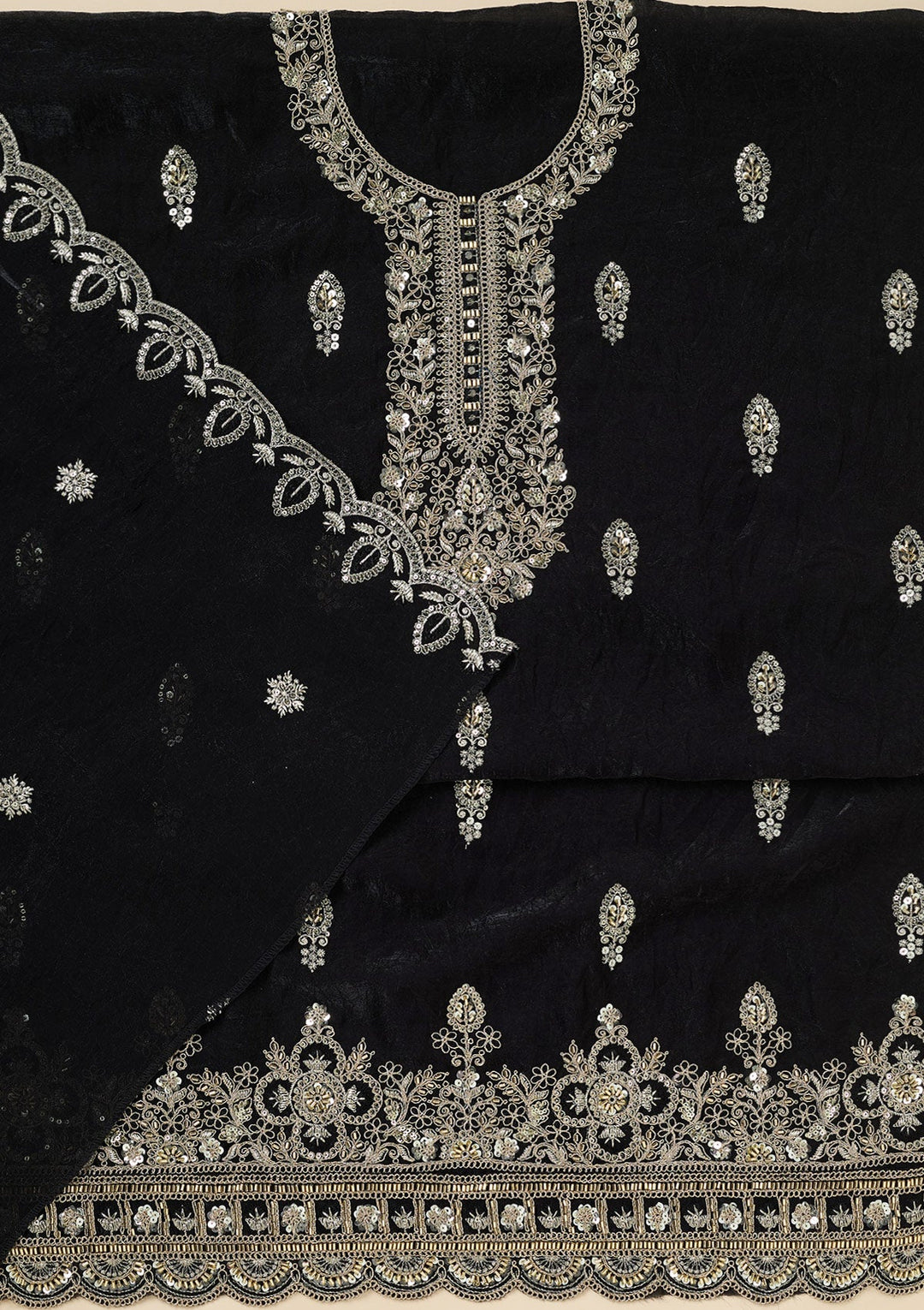 Black Cutdana Soft Raw Silk Unstitched Salwar Suit-Koskii