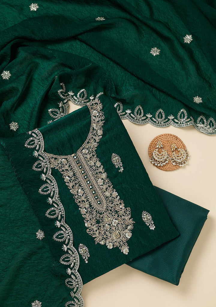 Bottle Green Cutdana Soft Raw Silk Unstitched Salwar Suit-Koskii
