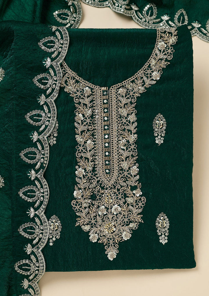 Bottle Green Cutdana Soft Raw Silk Unstitched Salwar Suit-Koskii