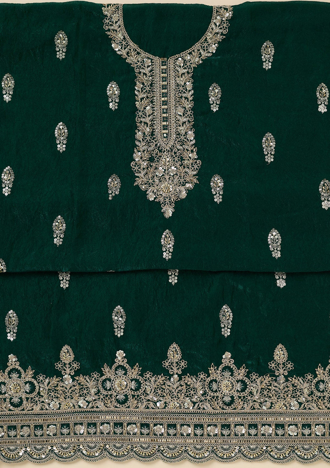 Bottle Green Cutdana Soft Raw Silk Unstitched Salwar Suit-Koskii