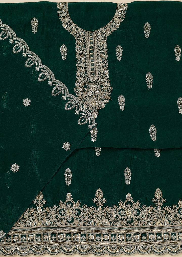 Bottle Green Cutdana Soft Raw Silk Unstitched Salwar Suit-Koskii