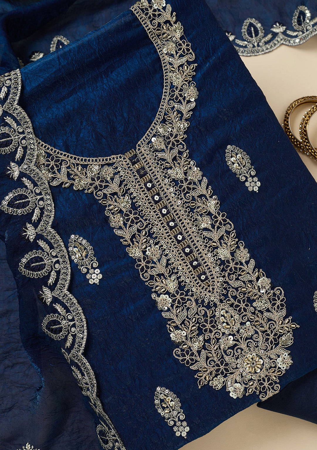 Navy Blue Cutdana Soft Raw Silk Unstitched Salwar Suit-Koskii