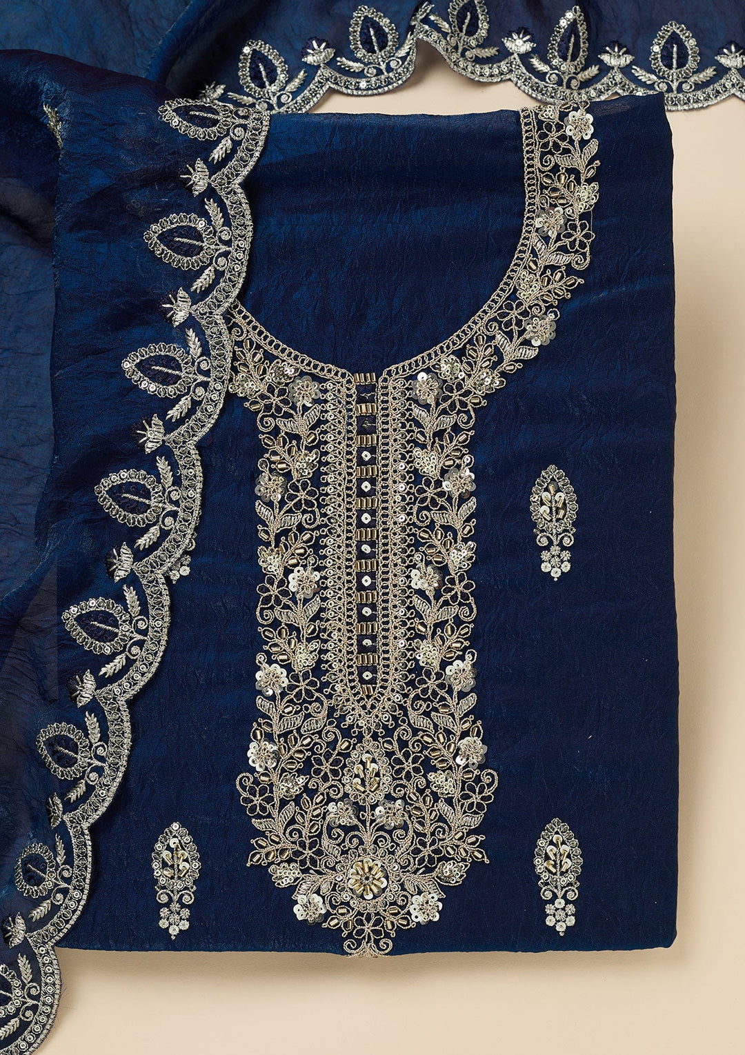 Navy Blue Cutdana Soft Raw Silk Unstitched Salwar Suit-Koskii