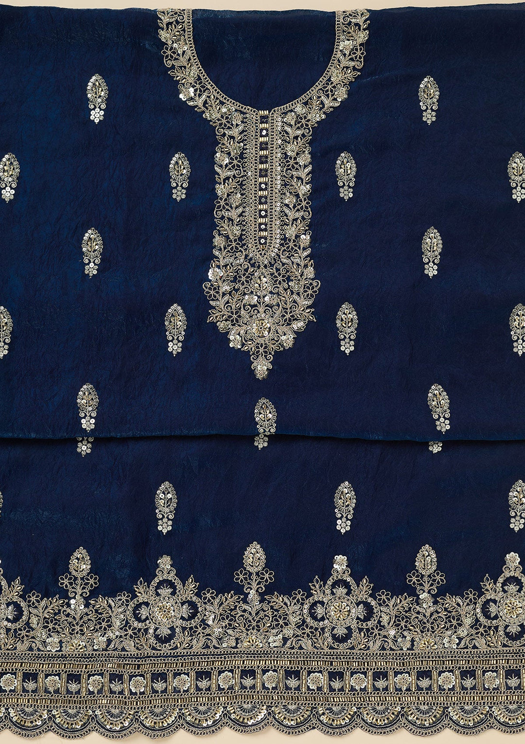 Navy Blue Cutdana Soft Raw Silk Unstitched Salwar Suit-Koskii