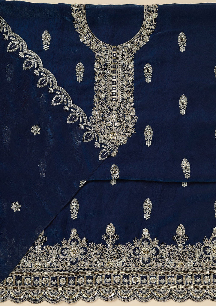 Navy Blue Cutdana Soft Raw Silk Unstitched Salwar Suit-Koskii