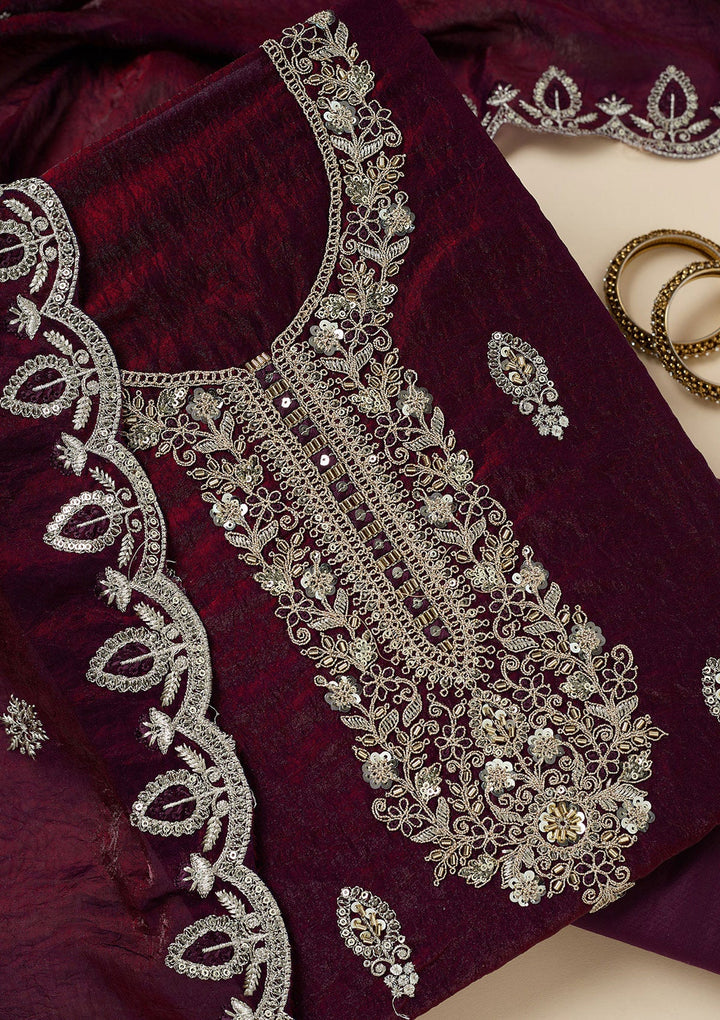 Wine Cutdana Soft Raw Silk Unstitched Salwar Suit-Koskii