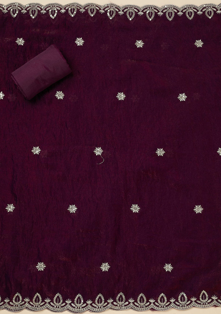 Wine Cutdana Soft Raw Silk Unstitched Salwar Suit-Koskii