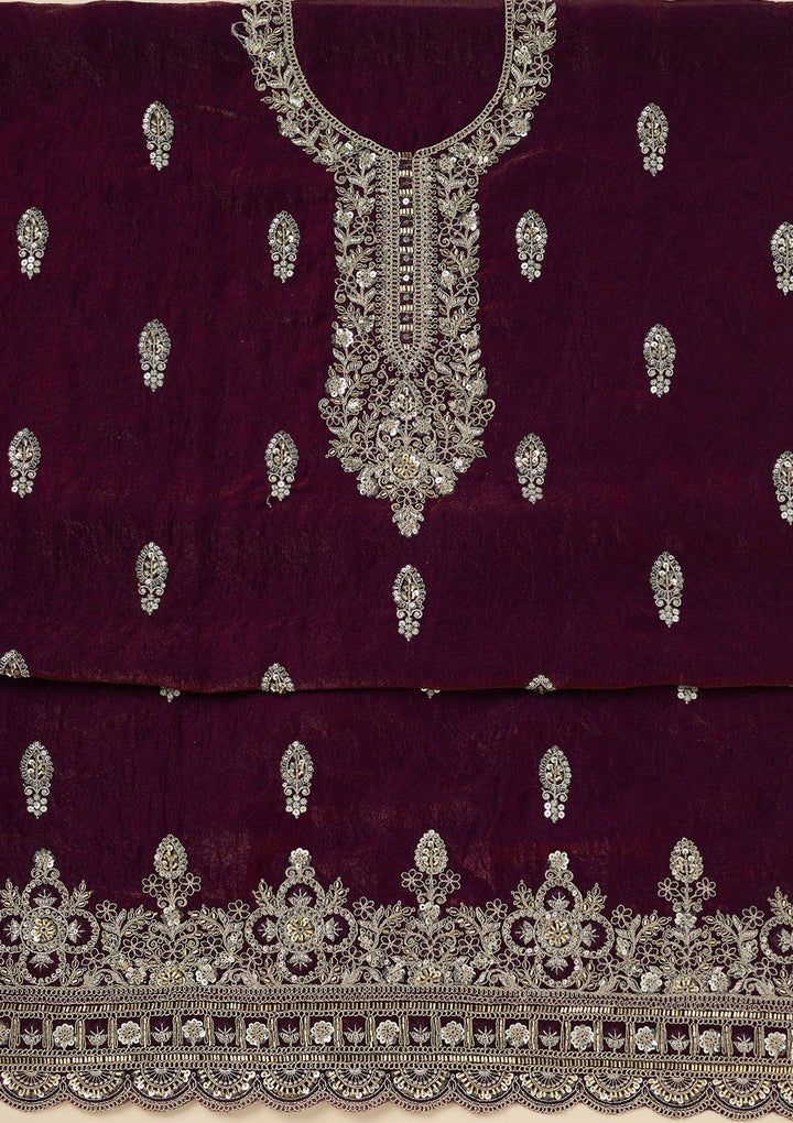 Wine Cutdana Soft Raw Silk Unstitched Salwar Suit-Koskii