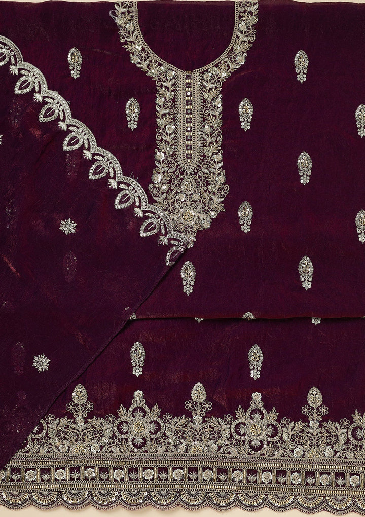 Wine Cutdana Soft Raw Silk Unstitched Salwar Suit-Koskii