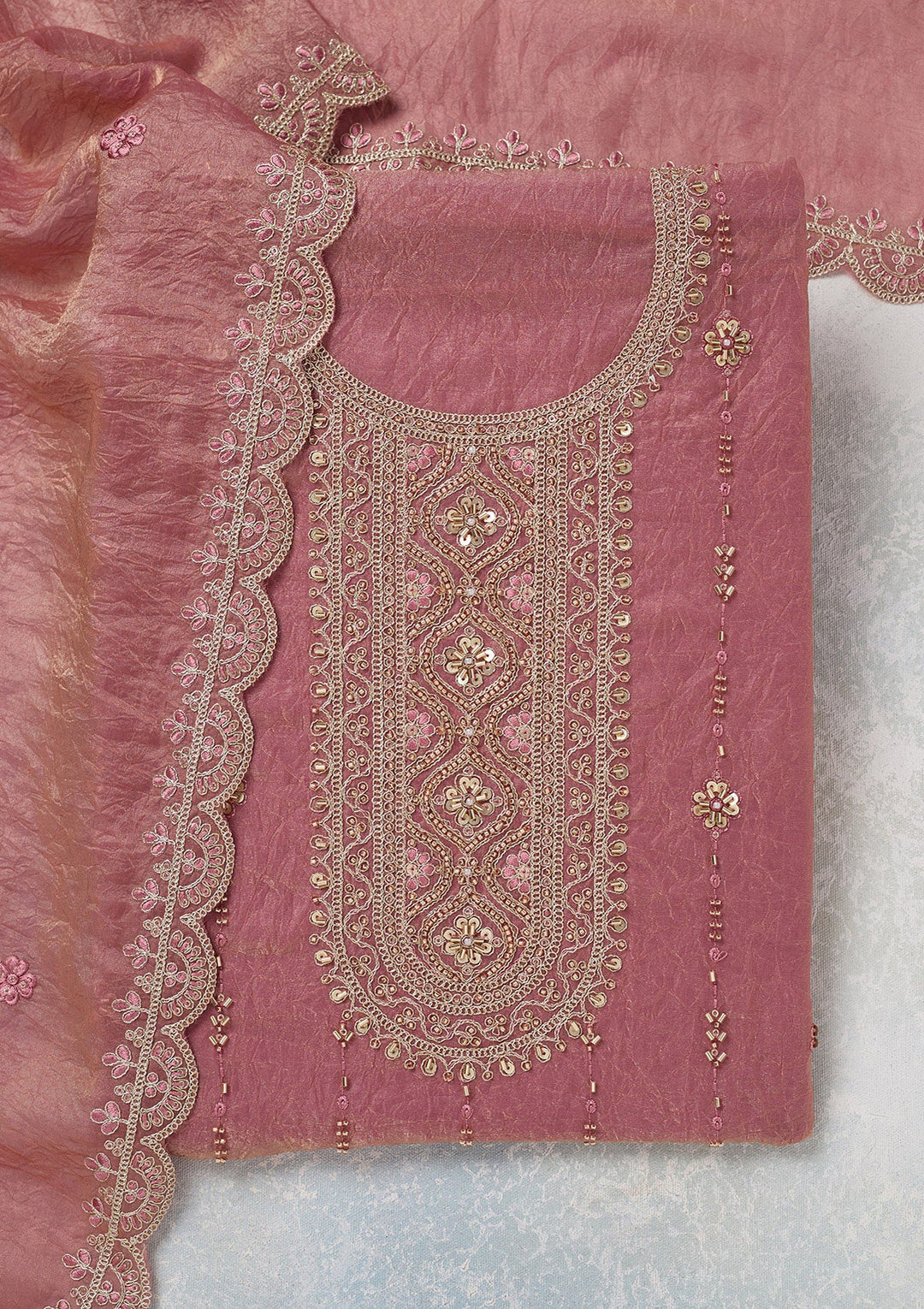 Onion Pink Cutdana Tissue Unstitched Salwar Suit-koskii