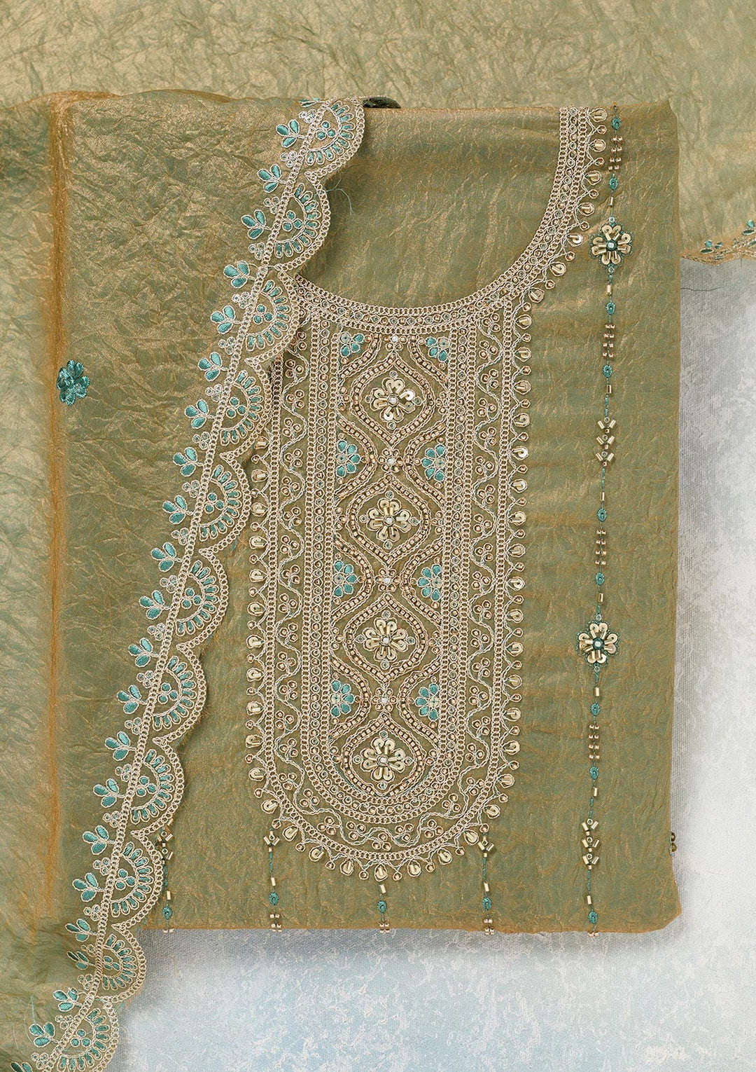 Pista Green Cutdana Tissue Unstitched Salwar Suit