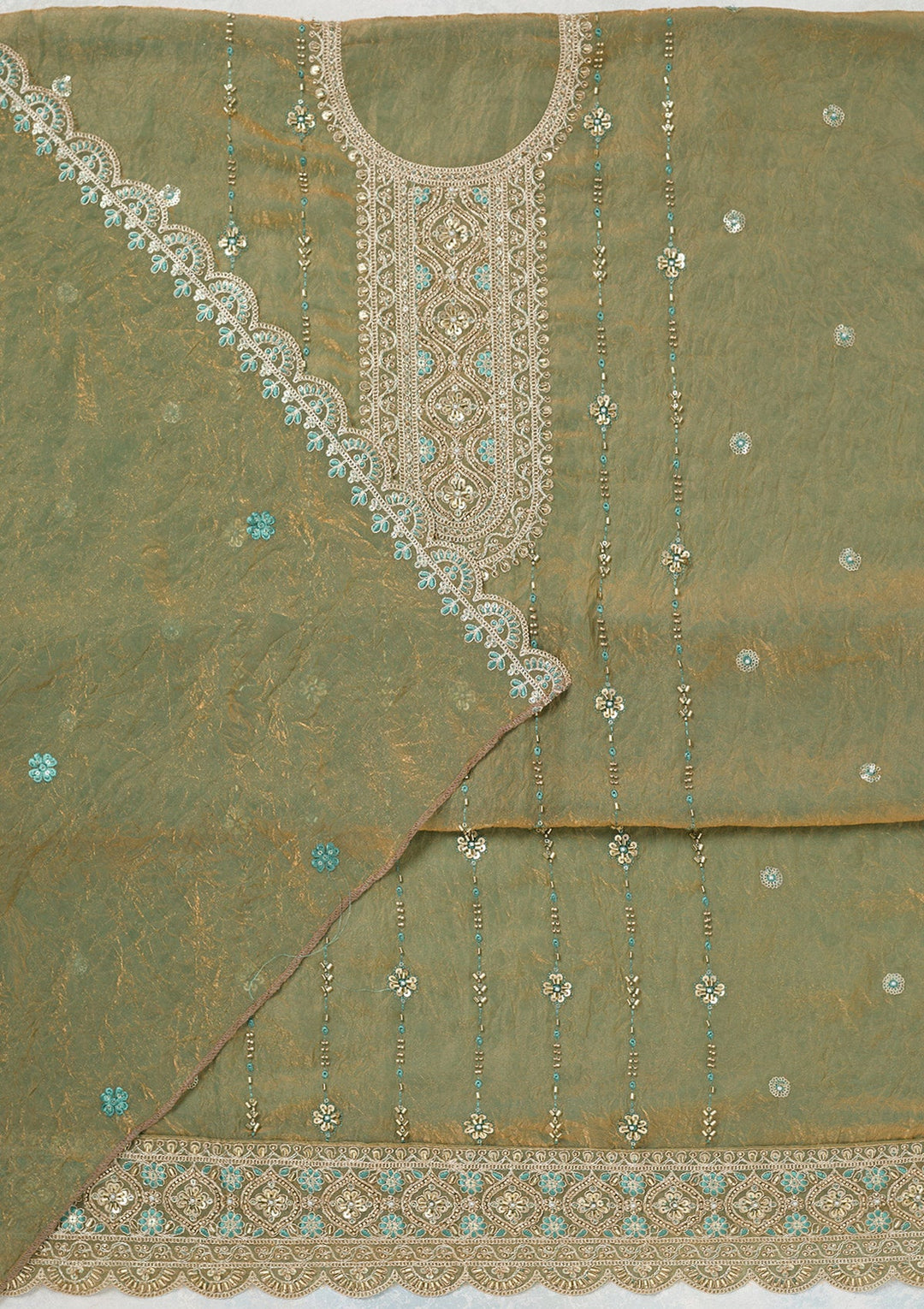 Pista Green Cutdana Tissue Unstitched Salwar Suit