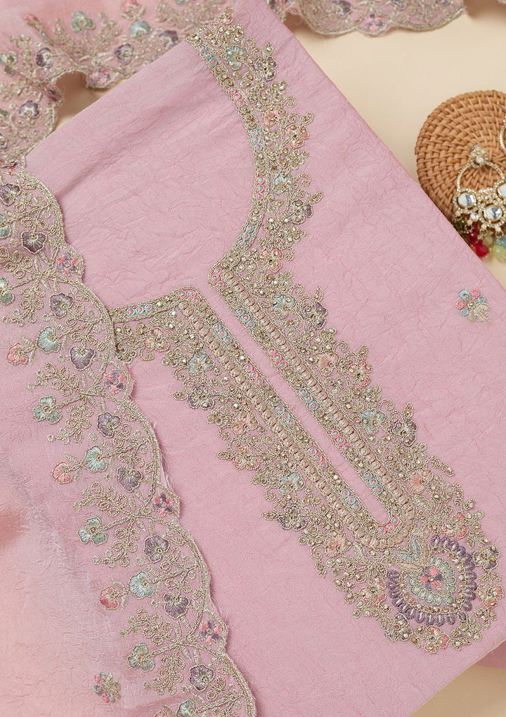 Pink Zariwork (Gold) Chinon Unstitched Salwar Suit-Koskii