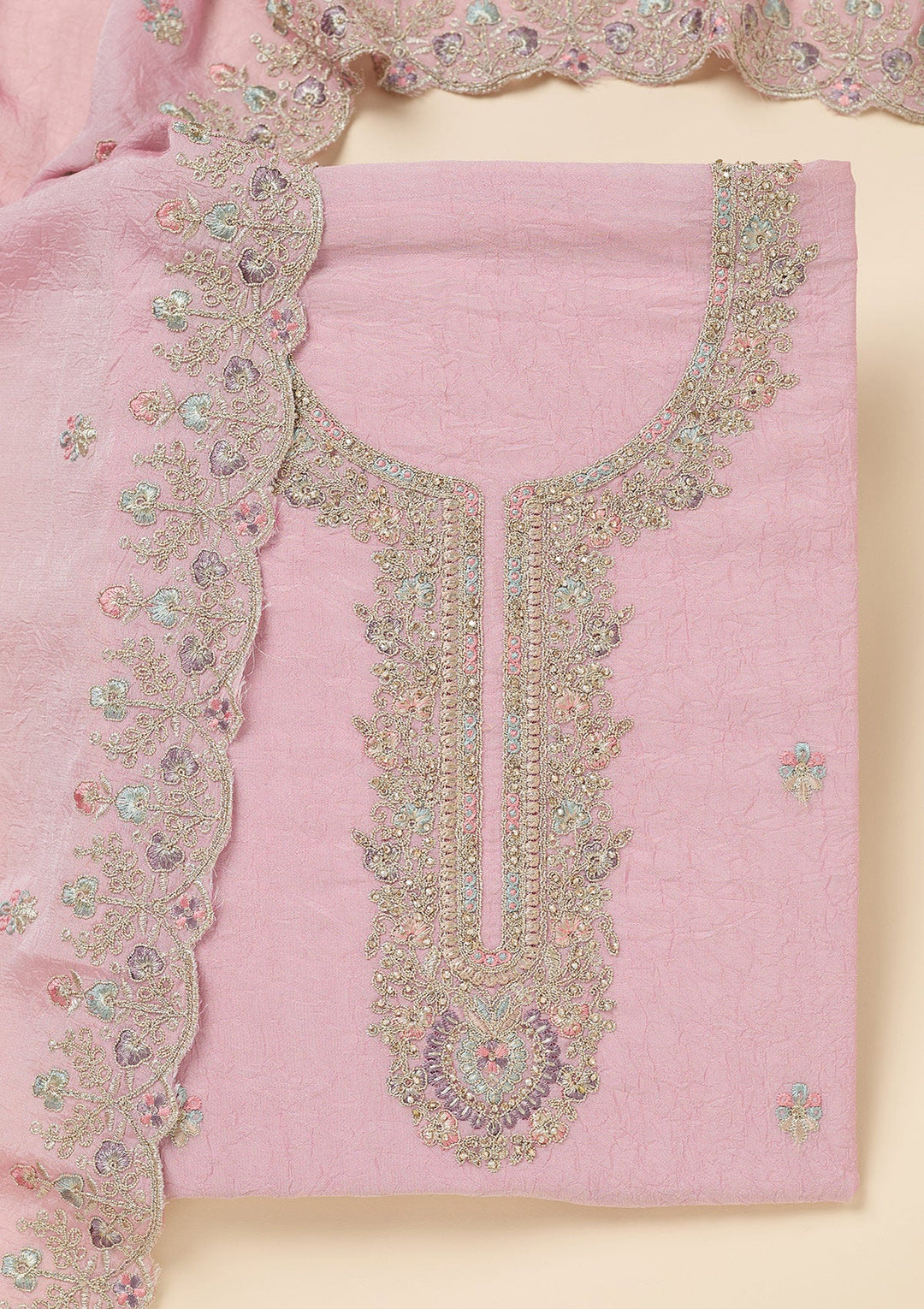 Pink Zariwork (Gold) Chinon Unstitched Salwar Suit-Koskii
