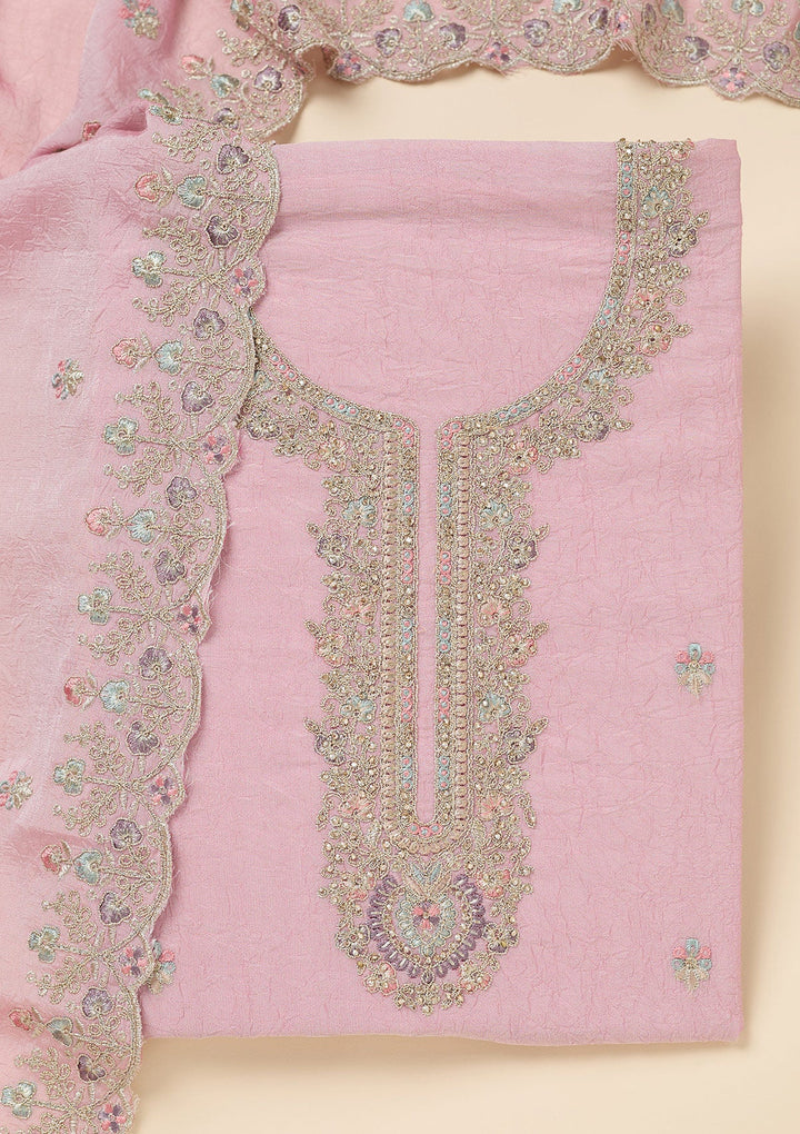 Pink Zariwork (Gold) Chinon Unstitched Salwar Suit-Koskii