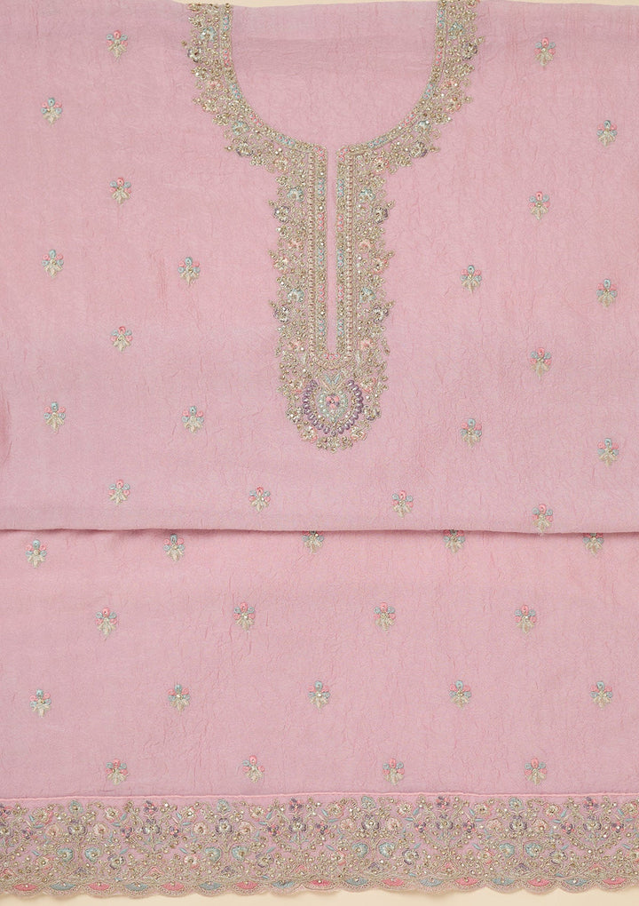 Pink Zariwork (Gold) Chinon Unstitched Salwar Suit-Koskii