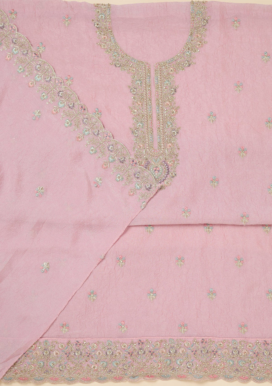 Pink Zariwork (Gold) Chinon Unstitched Salwar Suit-Koskii