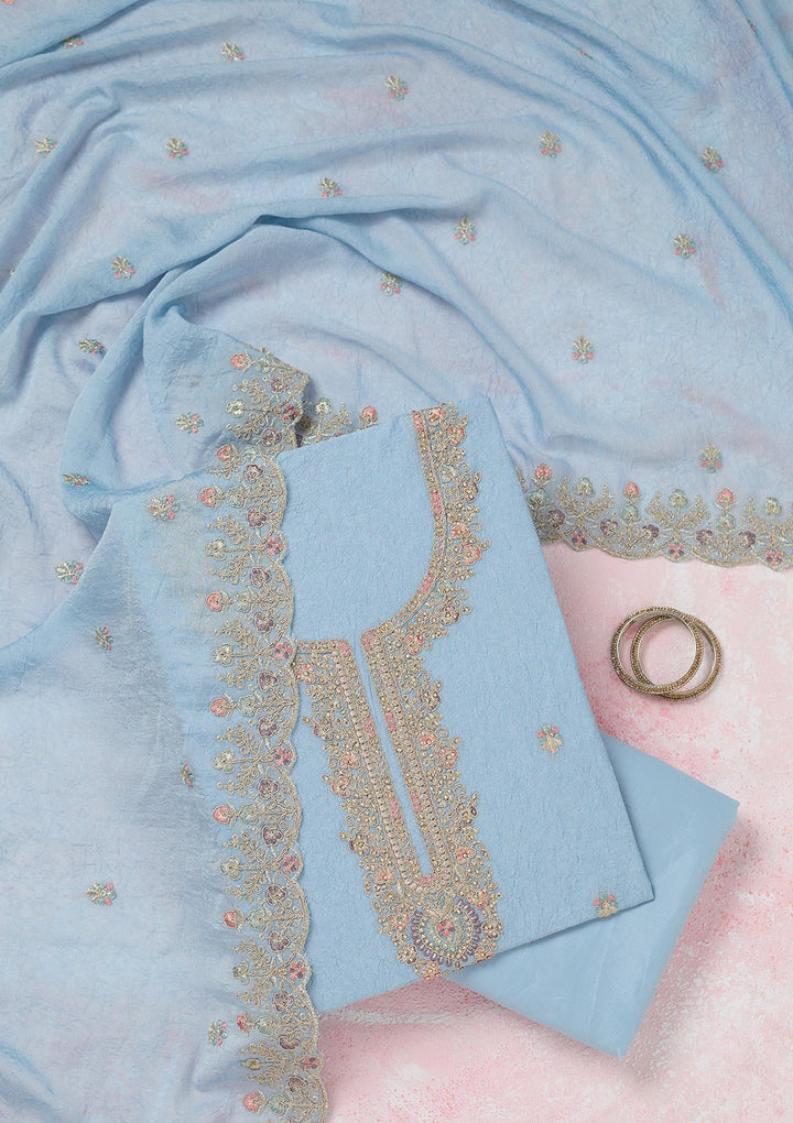 Sky Blue Zariwork (Gold) Chinon Unstitched Salwar Suit-Koskii