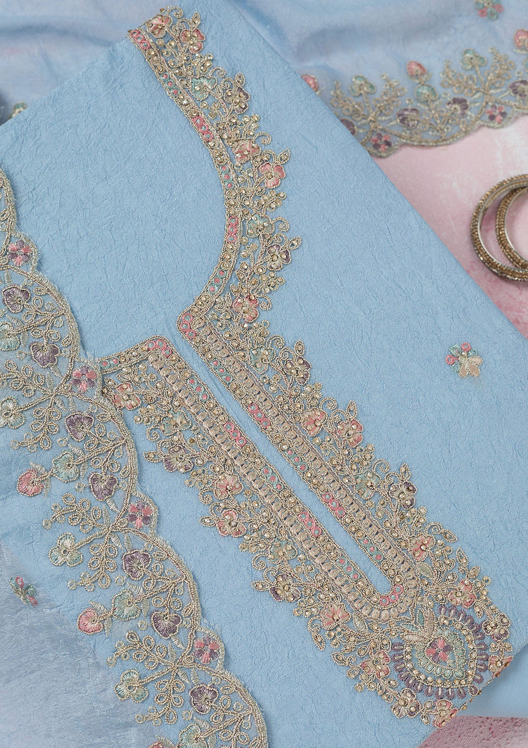 Sky Blue Zariwork (Gold) Chinon Unstitched Salwar Suit-Koskii