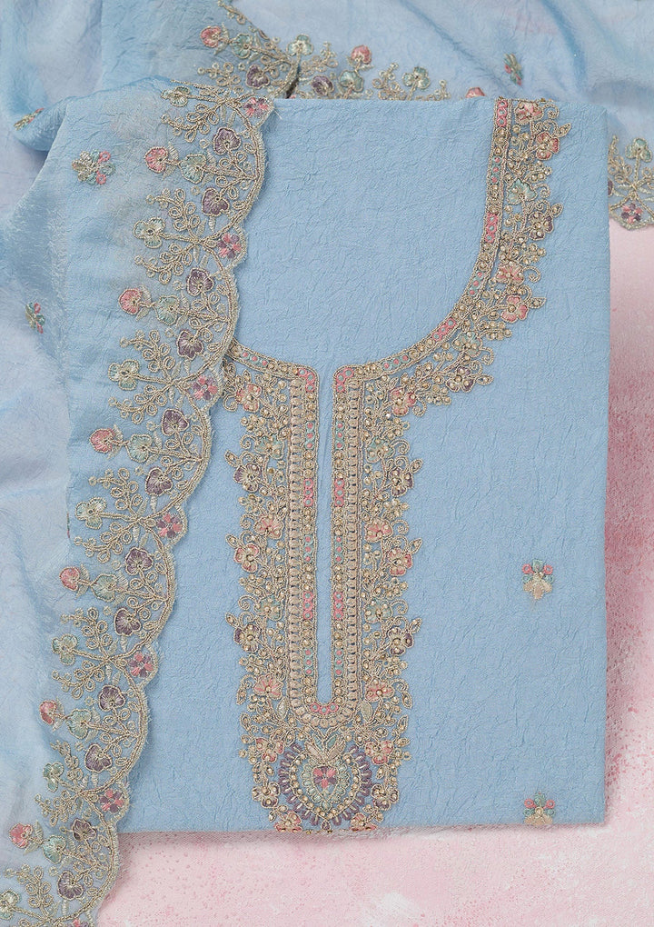 Sky Blue Zariwork (Gold) Chinon Unstitched Salwar Suit-Koskii