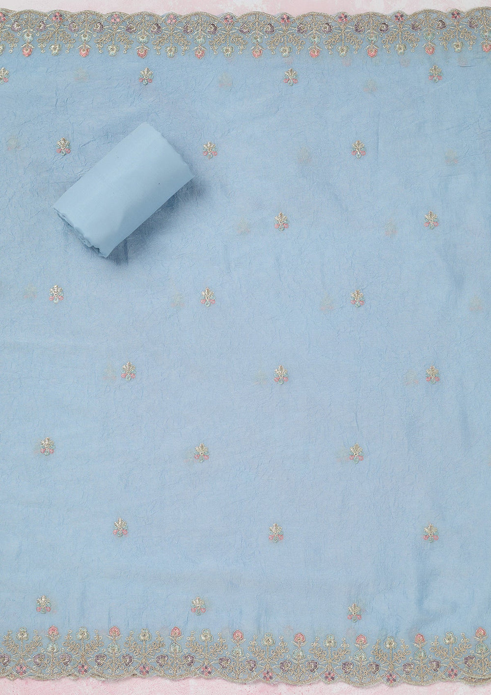 Sky Blue Zariwork (Gold) Chinon Unstitched Salwar Suit-Koskii
