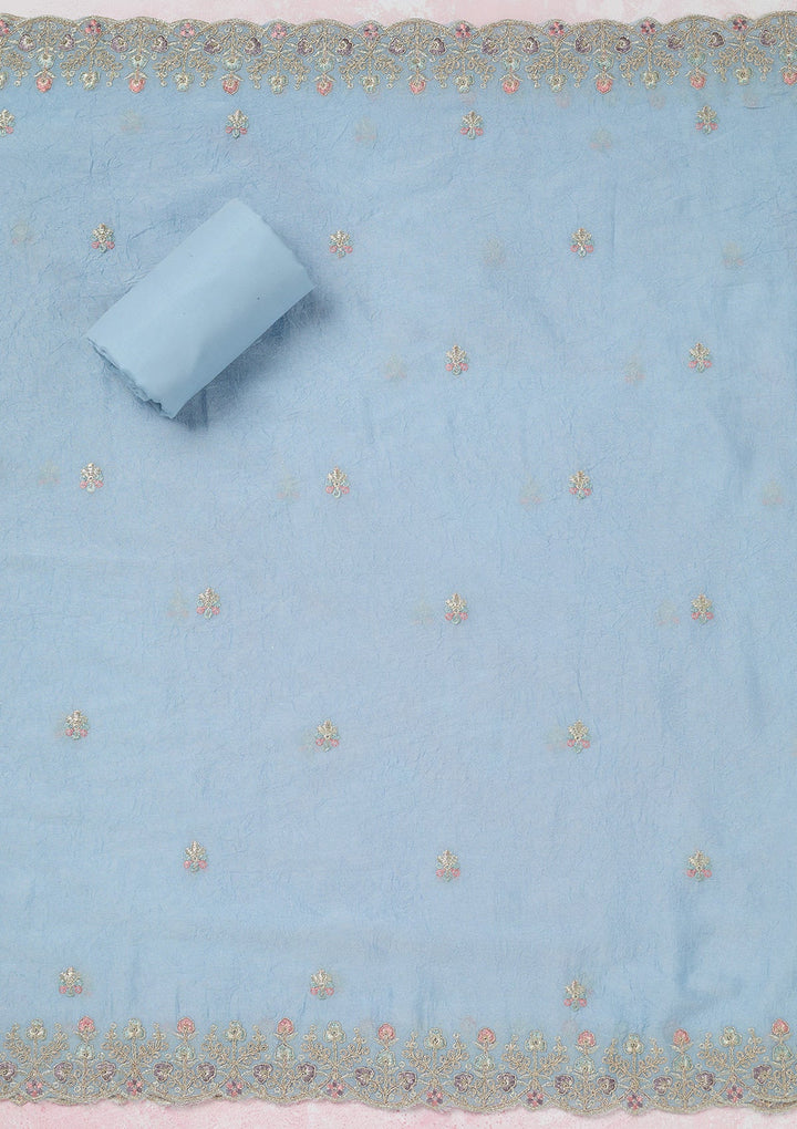 Sky Blue Zariwork (Gold) Chinon Unstitched Salwar Suit-Koskii