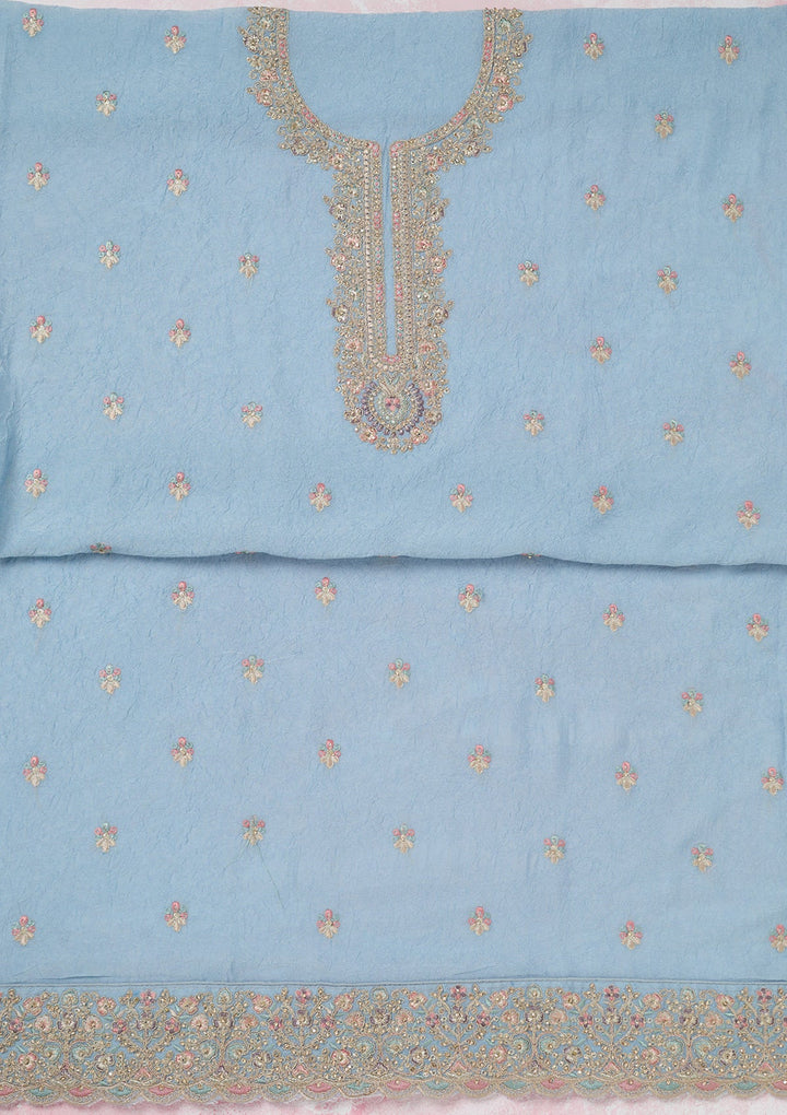 Sky Blue Zariwork (Gold) Chinon Unstitched Salwar Suit-Koskii