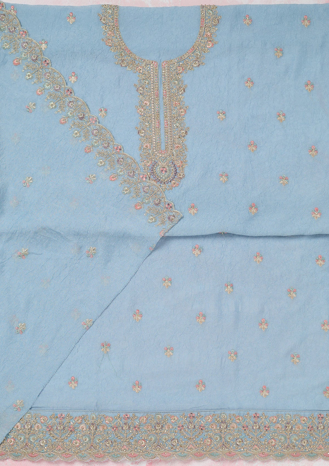 Sky Blue Zariwork (Gold) Chinon Unstitched Salwar Suit-Koskii