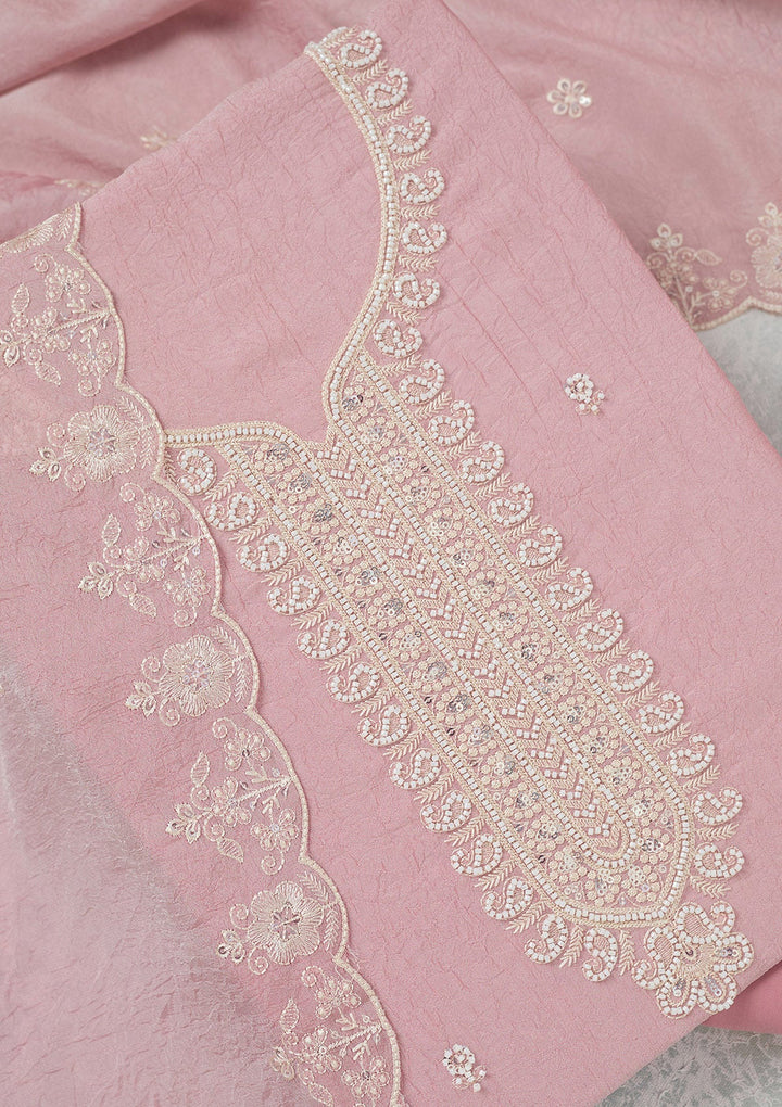 Pink Pearlwork Soft Raw Silk Unstitched Salwar Suit-Koskii